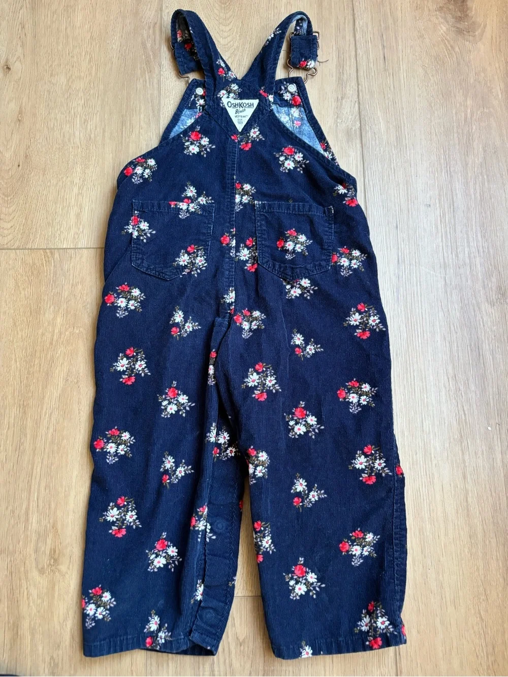 OshKosh B'gosh Navy Floral Button Legs Corduroy Baby Kids Overalls 24 months